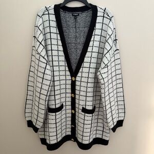 NEW Express Wool Blend Oversized Chunky Windowpane Contrast Cardigan Sweater